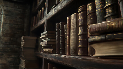 Poster - Old books on wooden bookshelves in a library
