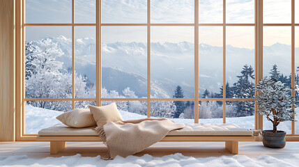 Poster - Wooden bench with beige pillows and blanket near panoramic grid window with stunning winter snow mountains view, japanese style home interior design of modern living room in chalet