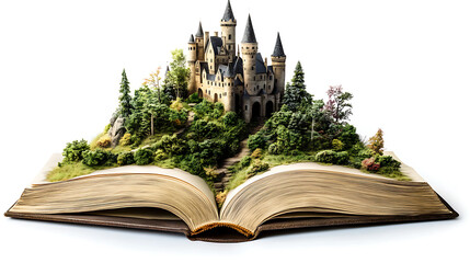 Poster - Open book with fairy tale castle on white background