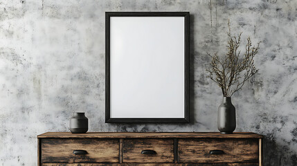 Poster - Wooden cabinet, dresser against concrete wall with empty blank mock up poster frame with copy space, loft home interior design of modern living room