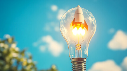 Poster - Business start up concept as a rocket taking off from a lightbulb with a blue sky background