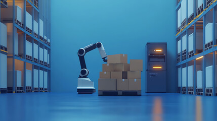 Poster - Work on smart warehouse, robot arm places boxes on pallets, automation logistics on smart stock storage, industry robot with ai on factory floor, technologies business concept