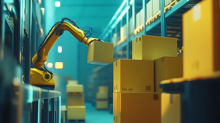 Aufkleber - Work on smart warehouse, robot arm places boxes on pallets, automation logistics on smart stock storage, industry robot with ai on factory floor, technologies business concept
