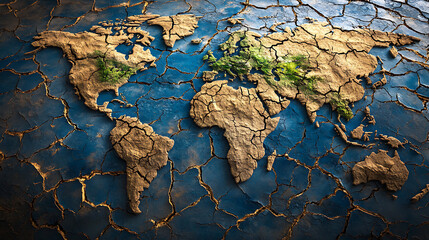 Aufkleber - World map of the planet earth with all the continents in cracked and dry land due to drought, planet endangered by climate change, natural disasters and water shortage