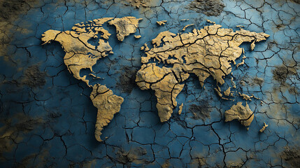Poster - World map of the planet earth with all the continents in cracked and dry land due to drought, planet endangered by climate change, natural disasters and water shortage