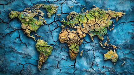 Aufkleber - World map of the planet earth with all the continents in cracked and dry land due to drought, planet endangered by climate change, natural disasters and water shortage