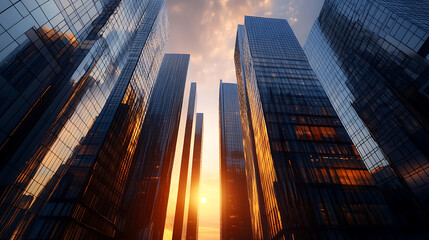 Aufkleber - Cluster of skyscrapers reaches for the sky, their glass facades reflecting the setting sun