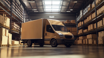 Aufkleber - Delivery van is parked at the warehouse, loaded with cardboard boxes, a truck delivering orders, purchases, 3d illustration