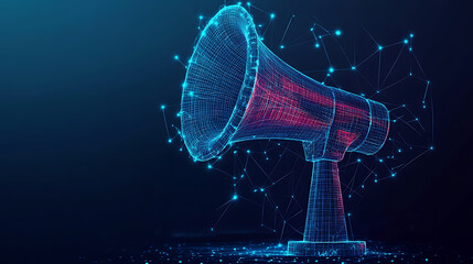 Aufkleber - Digital marketing low poly wireframe illustration, internet targeted advertisement mesh art, a 3d computer and megaphone with connected dots, promotional campaign