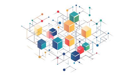 Aufkleber - Simple line drawing of an isometric network with colorful blocks and dots connecting them, on a white background