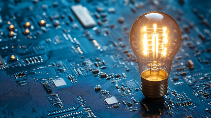 Fototapete - Circuit board with light bulb on blue background with copyspace, innovation concept