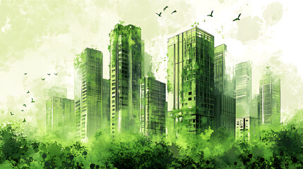 Poster - Sketch of an isolated green buildings promoting walkability and clean public infrastructure, the sustainable urbanism design highlighting a carbon-neutral, eco-friendly architecture