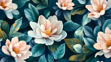 Poster - Flower with many leaves is depicted on the canvas, watercolor seamless pattern, hand-drawn brush colors, pattern, 3d illustration