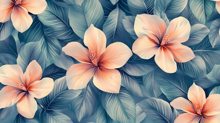 Poster - Flower with many leaves is depicted on the canvas, watercolor seamless pattern, hand-drawn brush colors, pattern, 3d illustration