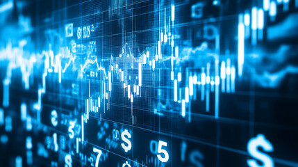 Aufkleber - Stock market background with dollar signs and financial charts in a blue color scheme, with white numbers of a candlestick chart in the foreground