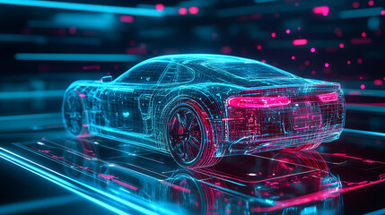 Poster - Hologram of a car in the hud ui style, futuristic service, scanning and automatic data analysis, car development, 3d illustration