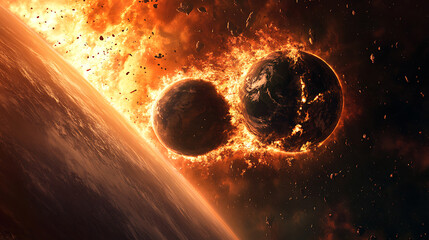Aufkleber - Image of a two massive planets colliding in space causing a massive explosion, planet in space, explosion of the earth, wallpaper