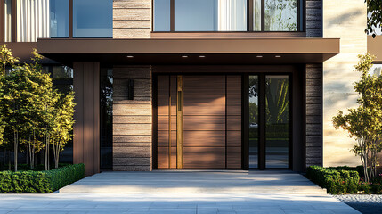 Aufkleber - Modern, luxurious home with a brown, raw wooden gate closed and a classic wood portal access door