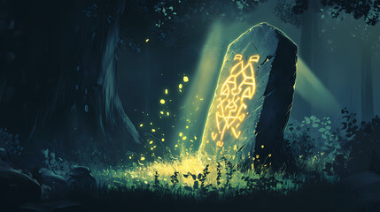 Wall Mural - A mysterious runestone glowing with ancient symbols in a dark forest, with light beam down. Radiant Runestone. Illustration