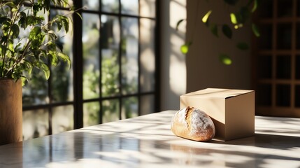 Wall Mural - freshly baked bread and a cardboard box sit on a table in a sunlit kitchen surrounded by greenery