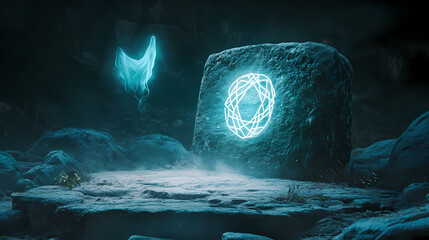 Wall Mural - A mysterious, glowing symbol carved into an ancient stone, with a translucent phantom hovering nearby, evoking a sense of cryptic wonder, flat design illustration. Aetherial Inscription. Illustration
