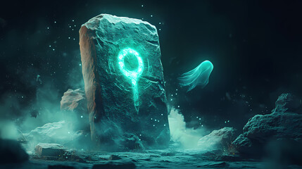 Wall Mural - A mysterious, glowing symbol carved into an ancient stone, with a translucent phantom hovering nearby, evoking a sense of cryptic wonder, flat design illustration. Aetherial Inscription. Illustration