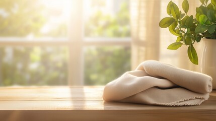 Wall Mural - sunlit table with a soft cloth and green plant in a serene indoor setting during late afternoon ligh