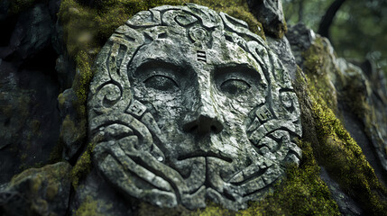 Wall Mural - Weathered crest etched in stone, surrounded by moss and intricate faded symbols. ancient carvings tell tales of a forgotten human face. Forgotten Runes. Illustration