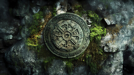 Wall Mural - Weathered crest etched in stone, surrounded by moss and intricate faded symbols. ancient carvings tell tales of a forgotten human face. Forgotten Runes. Illustration
