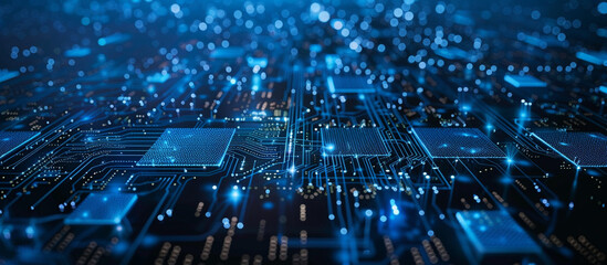 Abstract computer technology blue background banner futuristic business data technology modern concept, circuit board shape lines connecting link structure dark blue contrast