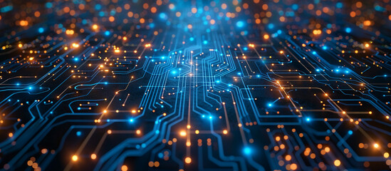 Abstract computer technology blue background banner futuristic business data technology modern concept, circuit board shape lines connecting link structure dark blue contrast