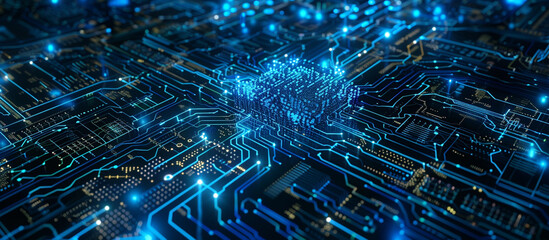Abstract computer technology blue background banner futuristic business data technology modern concept, circuit board shape lines connecting link structure dark blue contrast