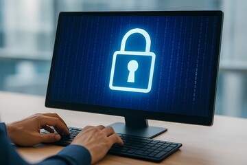 Person working at a modern computer, lockpad and binary codes visible, representing digital safety and cybersecurity