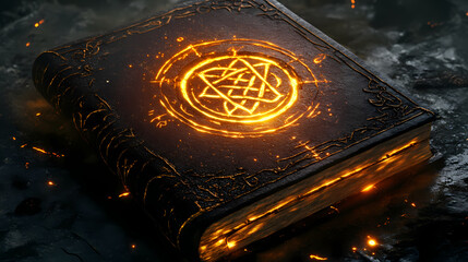 Wall Mural - Ancient glowing spell book with runes and magical designs. Binding Sigils. Illustration