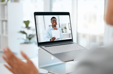 Poster - Virtual meeting, screen and laptop for discussion, man and banker with ideas for investment and loan. Digital, talking and paper for accounting, people and planning of budget in company and business