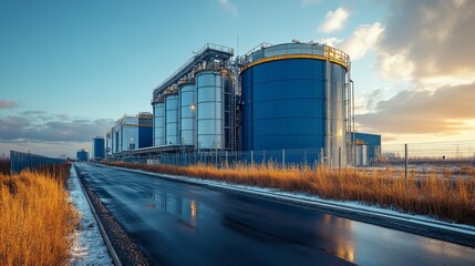 Fototapete - Large silos and energy generation facilities stand beside a quiet road at sunrise, showcasing advanced infrastructure for efficient power production and resource management in the mining sector.
