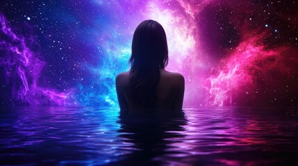 Wall Mural - Ethereal exploration of cosmic waters nebula setting digital art tranquil environment rear view cosmic serenity