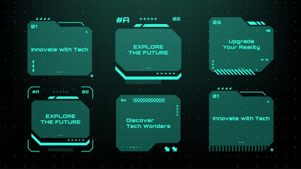 Fototapete - Modern technology label. Text boxes set in abstract tech style. Modern logo in cyberpunk style. Technology hi-tech design. Vector illustration.	