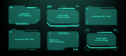 Fototapete - Modern technology label. Text boxes set in abstract tech style. Modern logo in cyberpunk style. Technology hi-tech design. Vector illustration.	