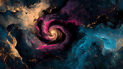 Wall Mural - rotating spiral galaxies in void space, neon-lit cosmos with ruby, turquoise, and gold colors, unive