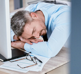 Leinwandbilder - Tired, desk and business man in office with burnout for working on deadline, project and online report. Corporate, sleeping and exhausted, fatigue and overworked employee with insomnia on computer