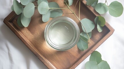 Wall Mural - eucalyptus leaves surround a glass container filled with clear water on a wooden tray in a bright se