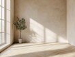 © Bouchra - A room with a window and a plant in a white pot. The room is empty and has a lot of natural light