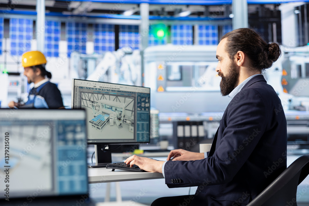 Photovoltaics factory engineer creating CAD models and technical ...