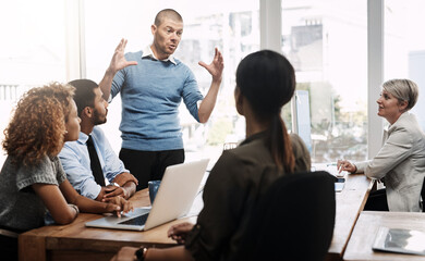 Aufkleber - Businessman, meeting and presentation with team in company mission, vision or growth at office. Young group of employees listening to speaker in boardroom for training, project or workplace expansion