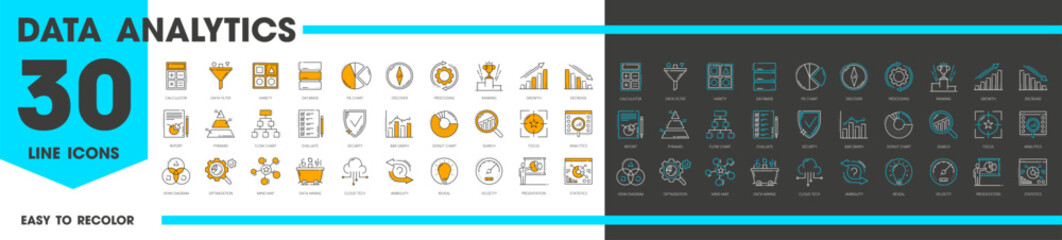 Aufkleber - Data analytics and analysis line icons with charts and diagrams, vector symbols set. Data analysis icons for business research, digital market analysis on performance or optimization report pictograms