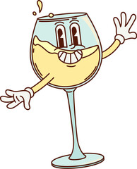 Leinwandbilder - Cartoon groovy wineglass character with funny face and smile, vector comic personage. Groovy white wine glass with happy booze smile and cheers splashes for kitchen glassware retro cartoon character