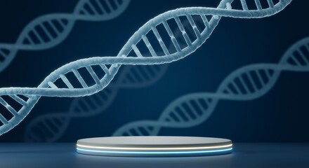 Futuristic podium showcase with glowing DNA strand background for product display