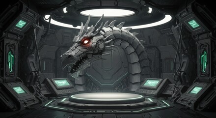 Futuristic product display platform within a cybernetic dragon's metallic lair