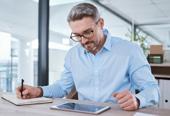 Aufkleber - Business, mature man and tablet with writing in notebook for company budget, accounting analysis and research. Financial analyst, employee and taking notes on taxes audit planning and strategy agenda